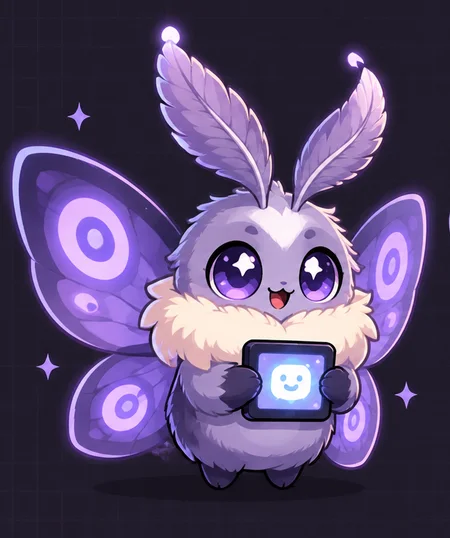 Ejemplo de mascota diseñada: una polilla peluda de alas moradas