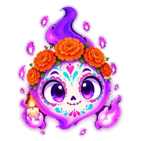 Fulgor con calavera pintada, corona de cempasúchil y una vela